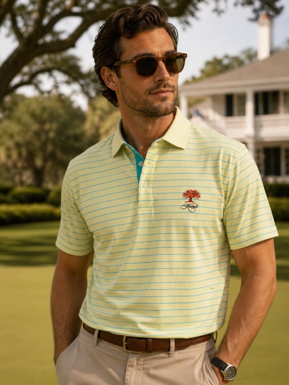 Peter Millar Summer Comfort Yellow Aqua Stripe Kiawah Island Polo Shirt LARGE